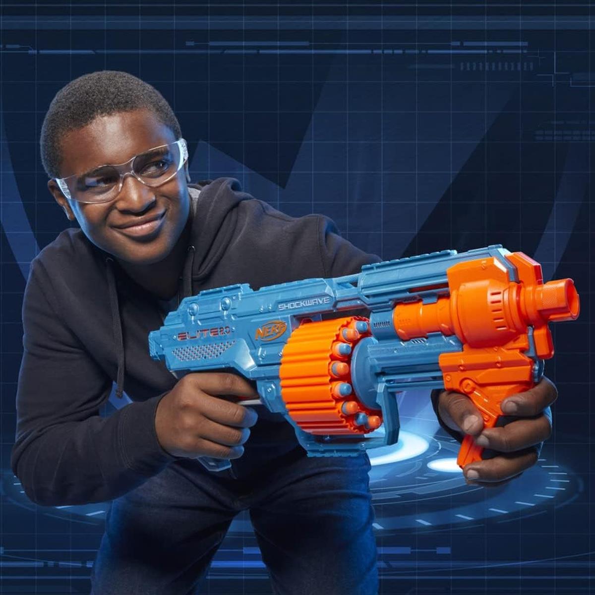 Nerf Elite 2.0 Shockwave RD-15 Blaster, 30 Nerf Darts, 15-Dart Rotationstrommel, Schnellfeuer Pump-Action