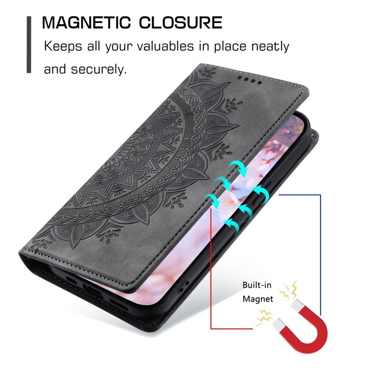 Hülle für Google Pixel 8a Handyhülle Flip Case Cover Tasche Etui Mandala Grau