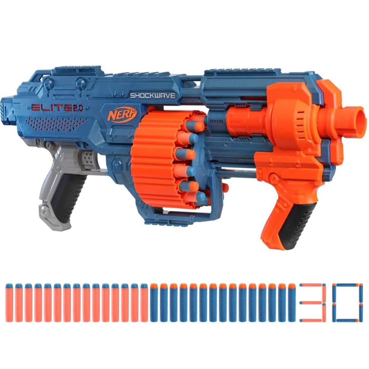 Nerf Elite 2.0 Shockwave RD-15 Blaster, 30 Nerf Darts, 15-Dart Rotationstrommel, Schnellfeuer Pump-Action