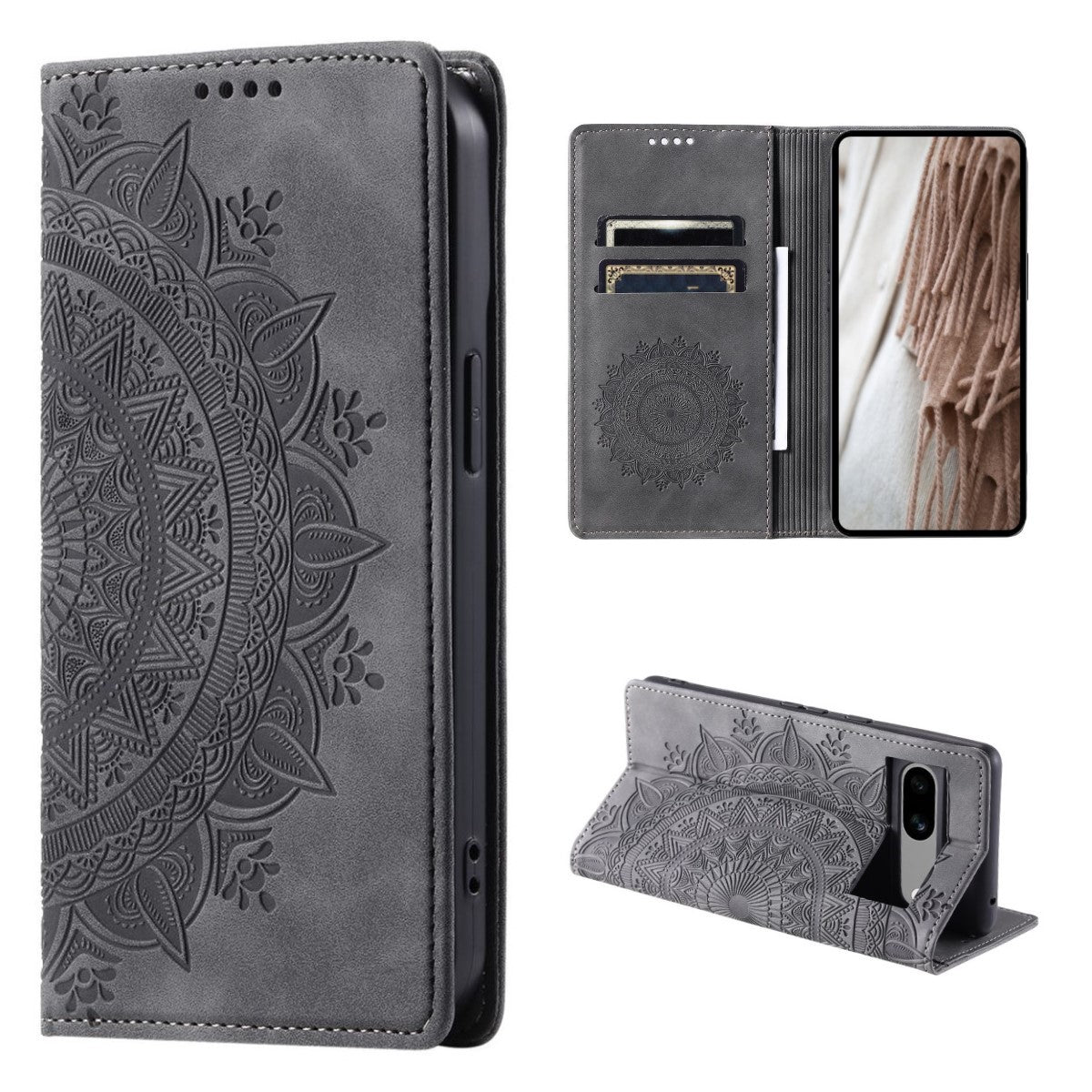 Hülle für Google Pixel 8a Handyhülle Flip Case Cover Tasche Etui Mandala Grau