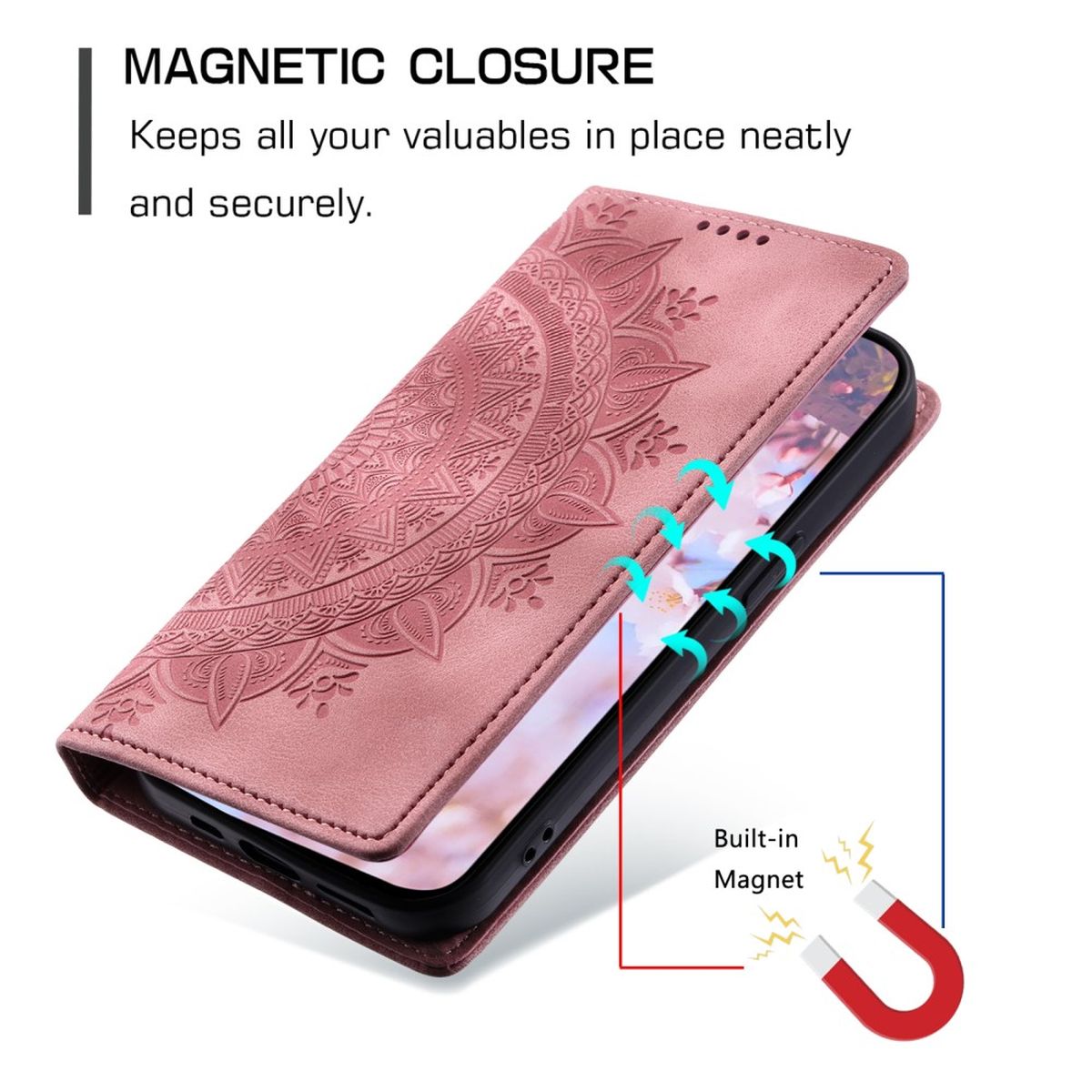 Hülle für Samsung Galaxy A15 Handyhülle Flip Case Cover Etui Mandala Rose