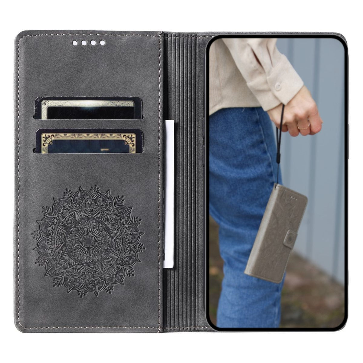 Hülle für Samsung Galaxy A15 Handyhülle Flip Case Cover Tasche Mandala Grau