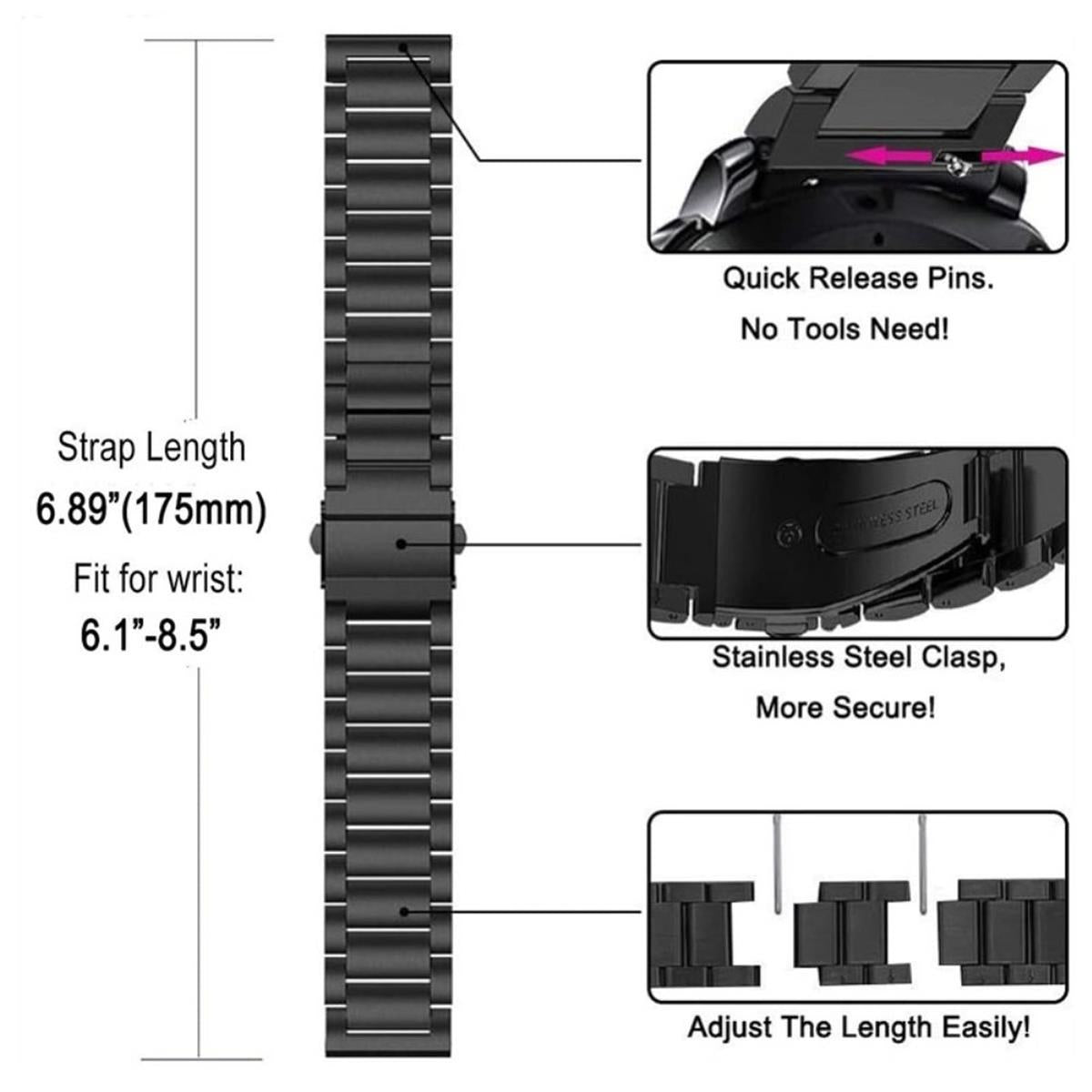 Gliederarmband für Samsung Galaxy Watch 6/5/4 Metall 40/42/43/44/46/47mm Schwarz