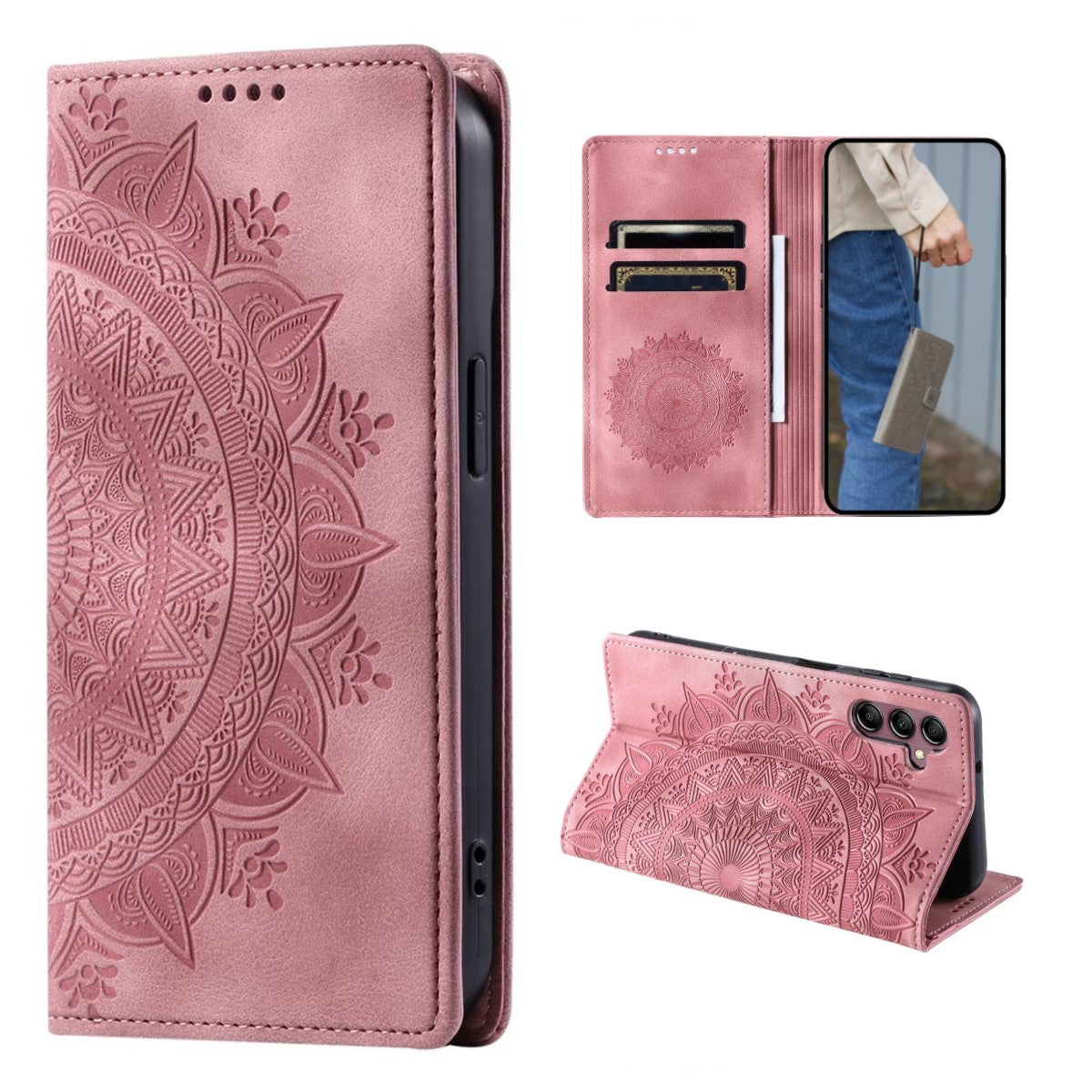 Hülle für Samsung Galaxy A15 Handyhülle Flip Case Cover Etui Mandala Rose