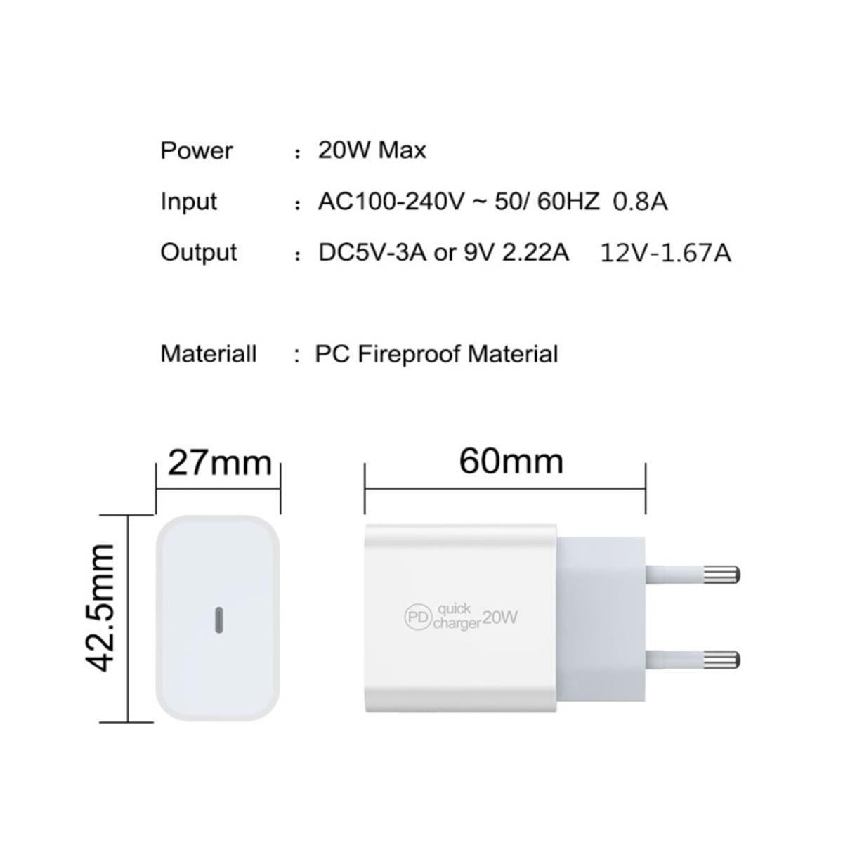 Netzteil Schnell Ladegerät USB PD Quick Charger Netzstecker Universal USB-C 20W