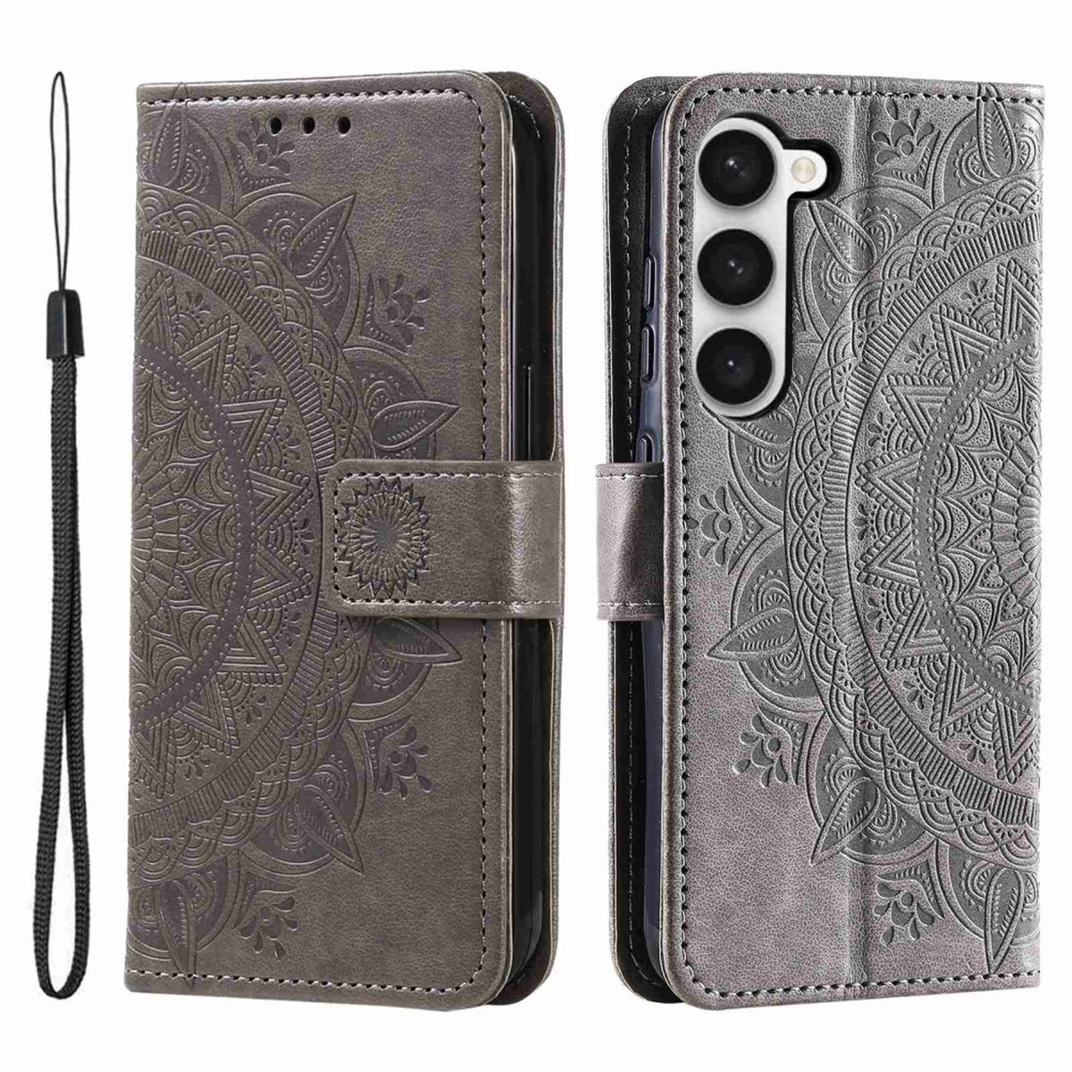 Hülle für Samsung Galaxy S23 Handyhülle Flip Case Cover Tasche Mandala Grau